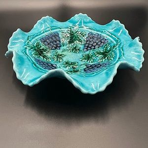 Turquoise glazed ceramic Ruffled bowl or trinket dish with raised grapes